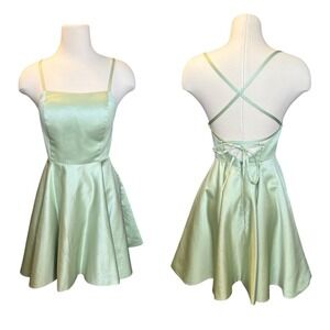 VNaix Y2K Satin Mini Dress Mint Green Open Back Lace Up Fit & Flare Size 4 HOCO